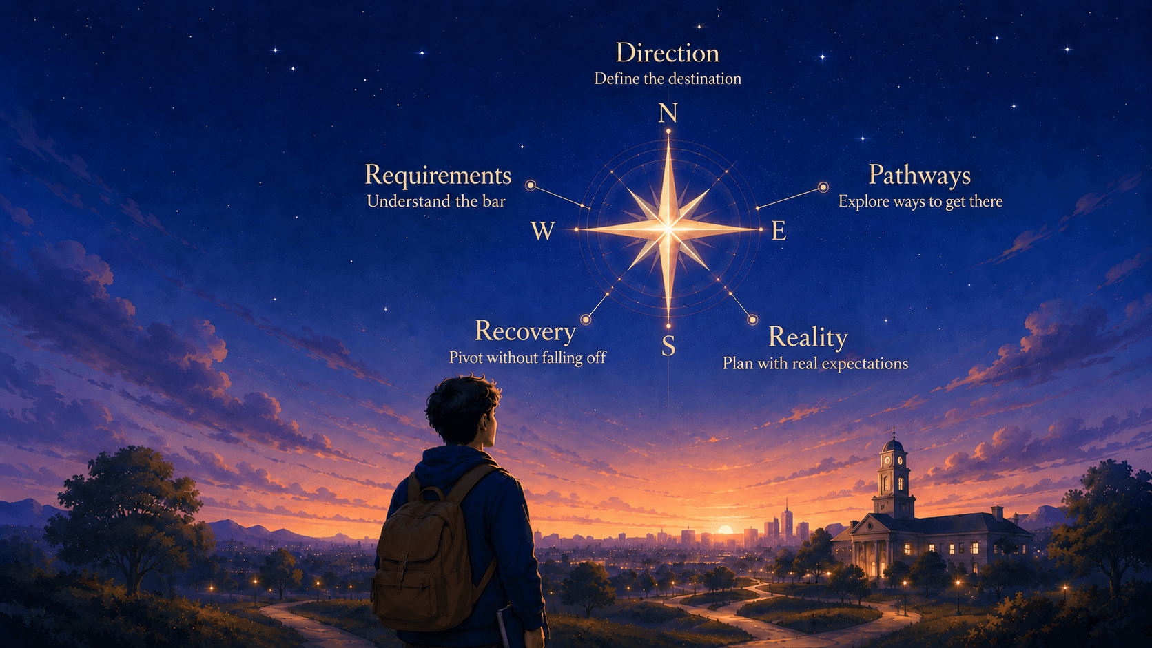 Abstract route planning map showing direction, requirements, pathways, reality, and recovery
