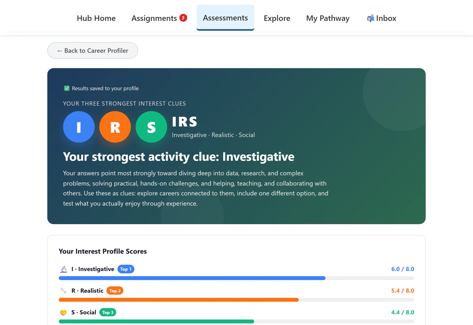 Interest results for a fictional student showing the code IRS: Investigative, Realistic and Social, with a score bar for each.